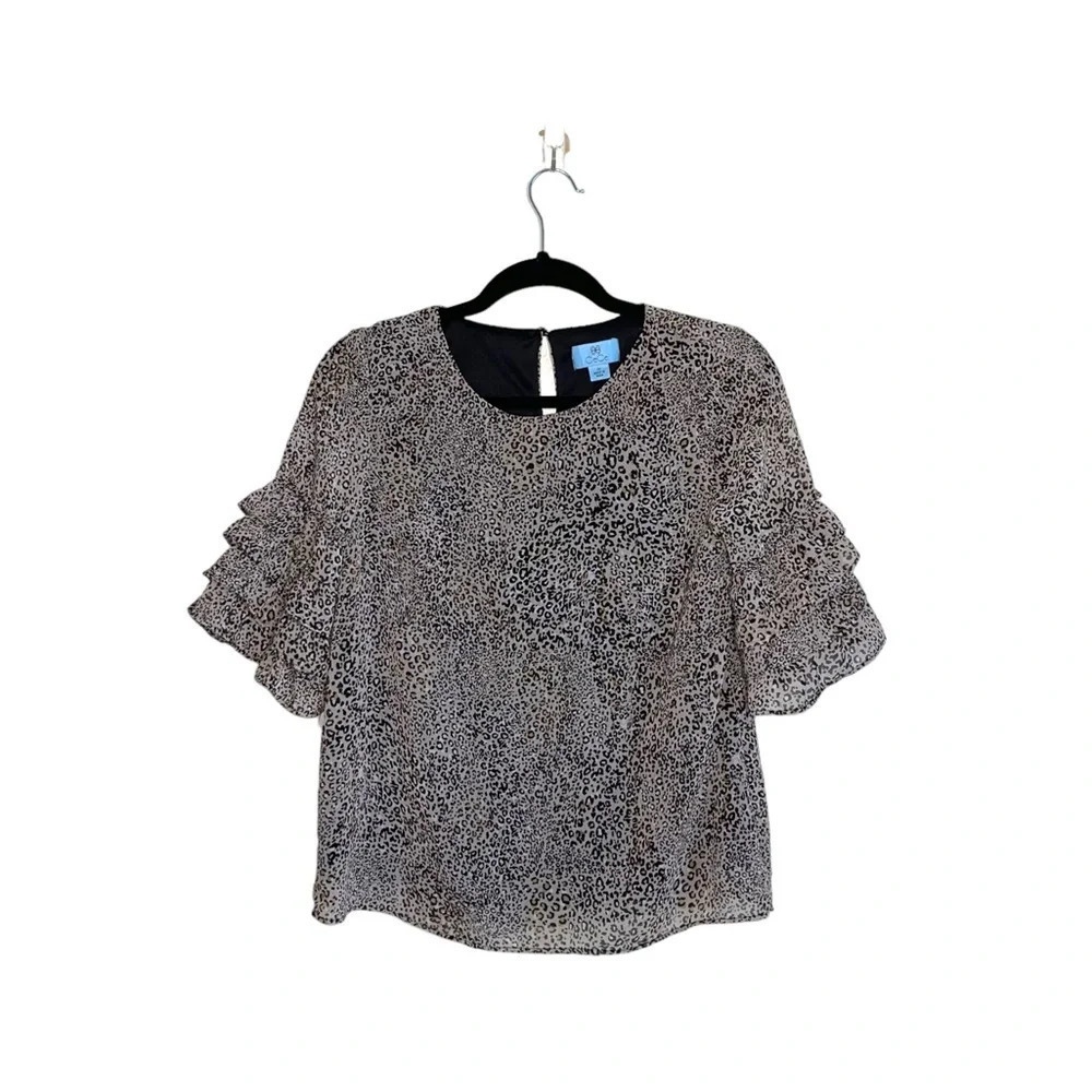 CeCe Brown & Black Leopard Print Ruffle Sleeve Lined Blouse Xsmall Womenโs